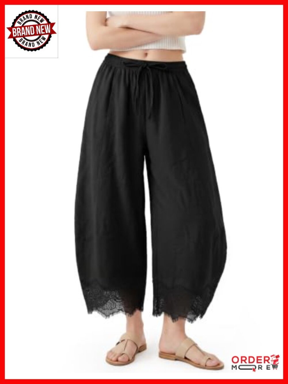 Women's Lace Trim Wide Leg Cropped Pants with Pockets